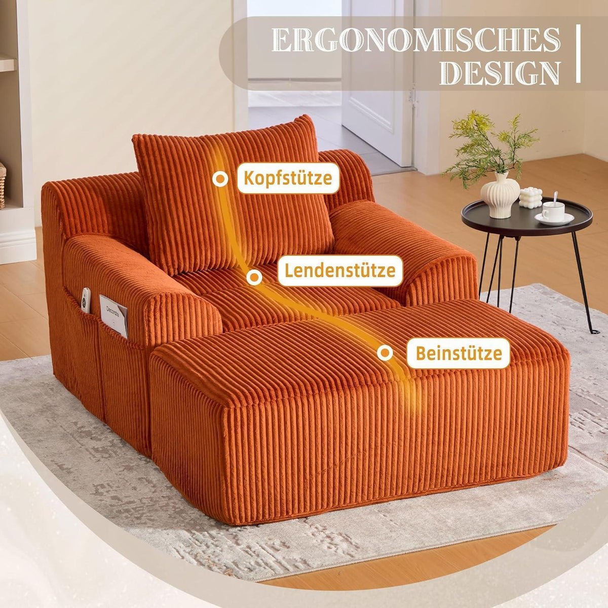 Übergroßer Cord Sessel mit Fußhocker & Seitentaschen, Orange
