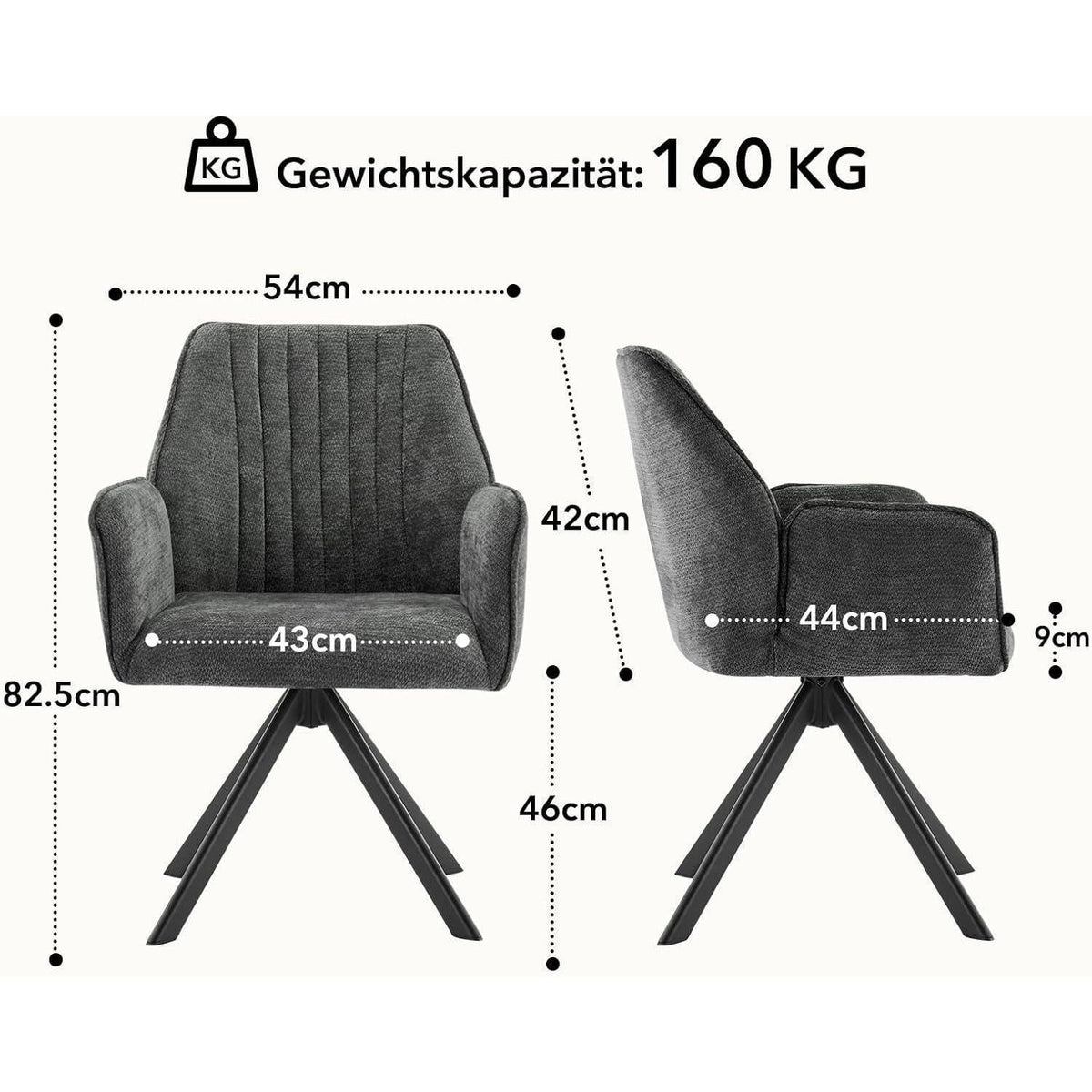 Drehbarer Esszimmerstuhl mit Armlehne & Chenille Bezug - Dunkelgrau (2er Set)