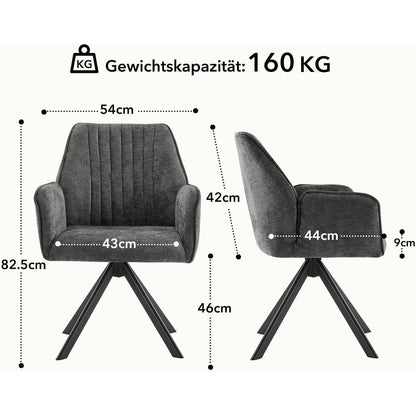 Drehbarer Esszimmerstuhl mit Armlehne & Chenille Bezug - Dunkelgrau (2er Set)