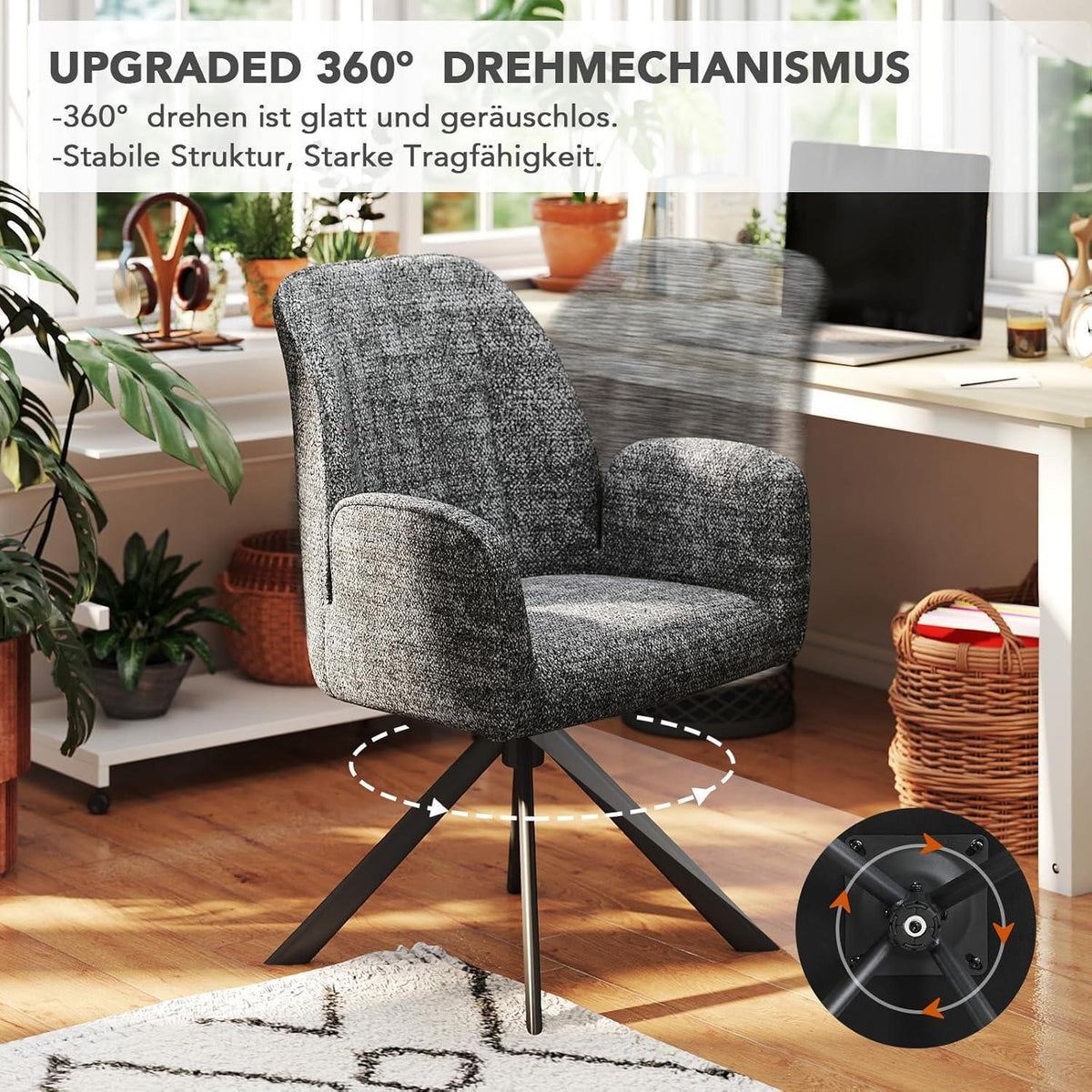 Drehbarer Esszimmerstuhl mit Armlehne & Chenille Bezug - Dunkelgrau (2er Set)