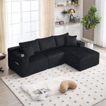 Cordo L-Form Sofa Schwarz – Eckcouch mit Getränkehaltern & Taschen