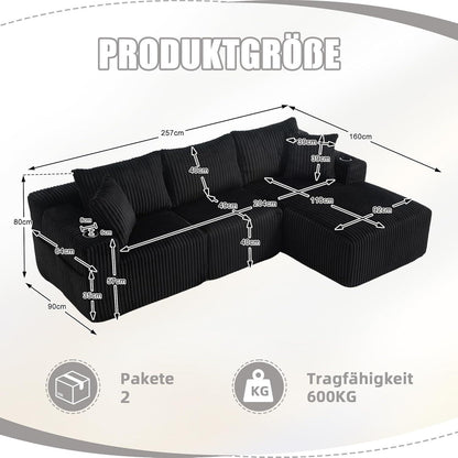 Cordo L-Form Sofa Schwarz – Eckcouch mit Getränkehaltern & Taschen