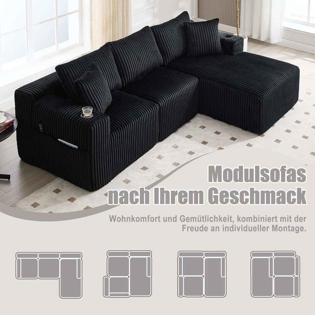 Cordo L-Form Sofa Schwarz – Eckcouch mit Getränkehaltern & Taschen