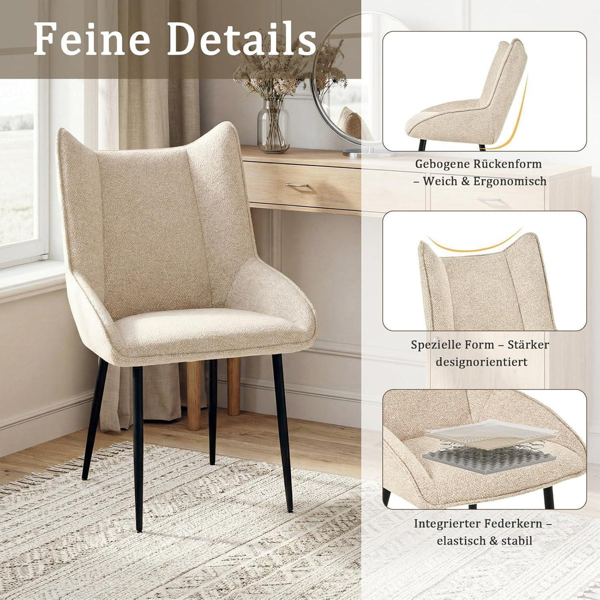 Moderner Esszimmerstuhl Set 6er – Samt Creme, Verstellbare Füße