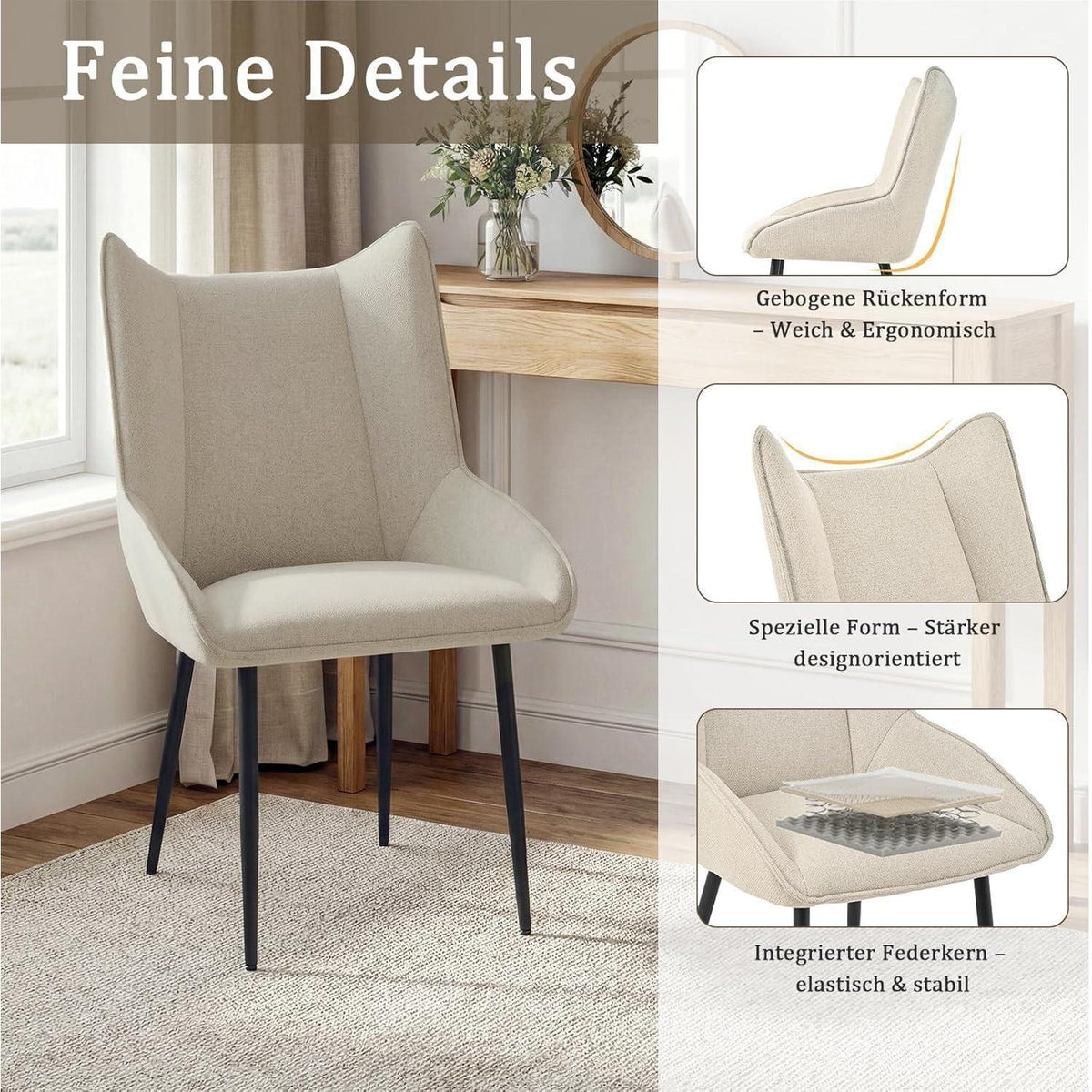 Moderner Esszimmerstuhl Set 6er – Beige, Leinen-Polyester Mix