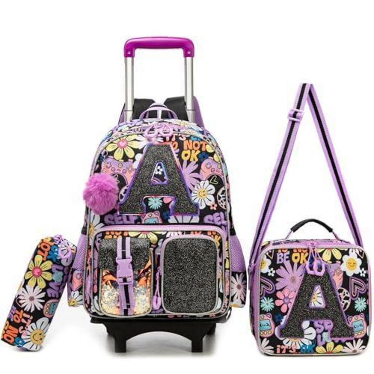 Schultrolley Rucksack Mädchen mit Rollen & Zubehör Set