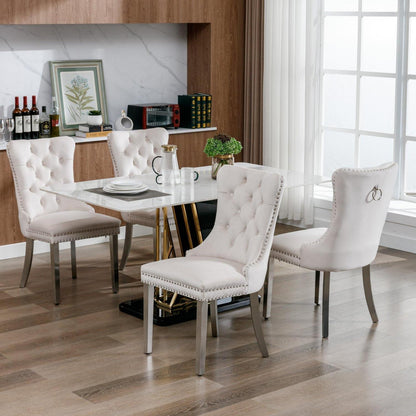 Esszimmerstühle Set 4er – Samt, Chrom & Nieten, Beige