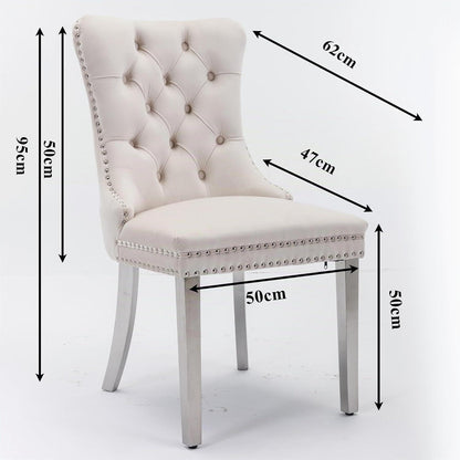 Esszimmerstühle Set 4er – Samt, Chrom & Nieten, Beige