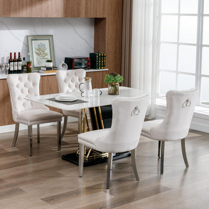 Esszimmerstühle Set 4er – Samt, Chrom & Nieten, Beige