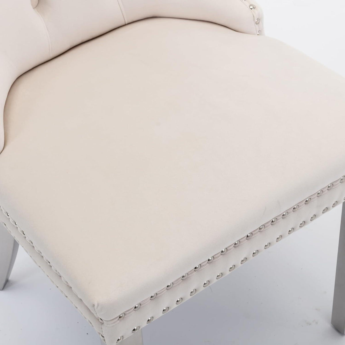Esszimmerstühle Set 4er – Samt, Chrom & Nieten, Beige