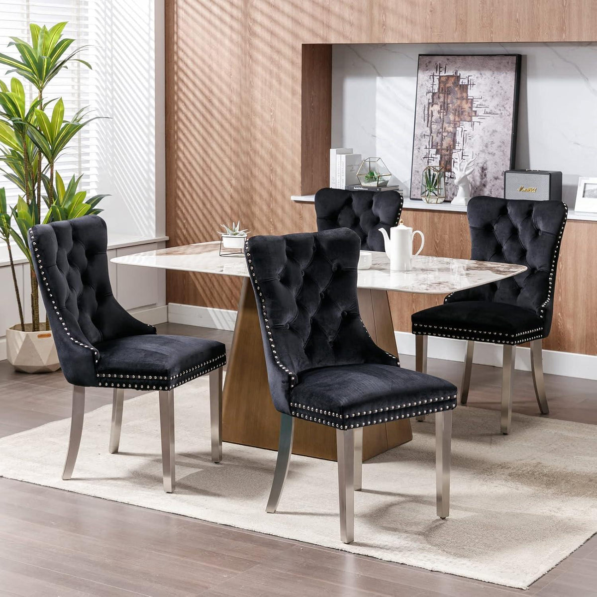 Esszimmerstühle Set 4er – Samt, Gepolstert, Schwarz & Chrom