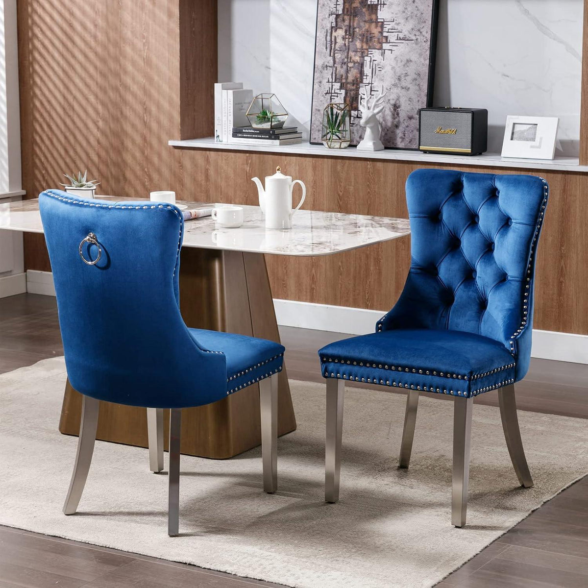 Esszimmerstuhl Set 2er – Samt, Blau & Chrom, Hohe Rückenlehne