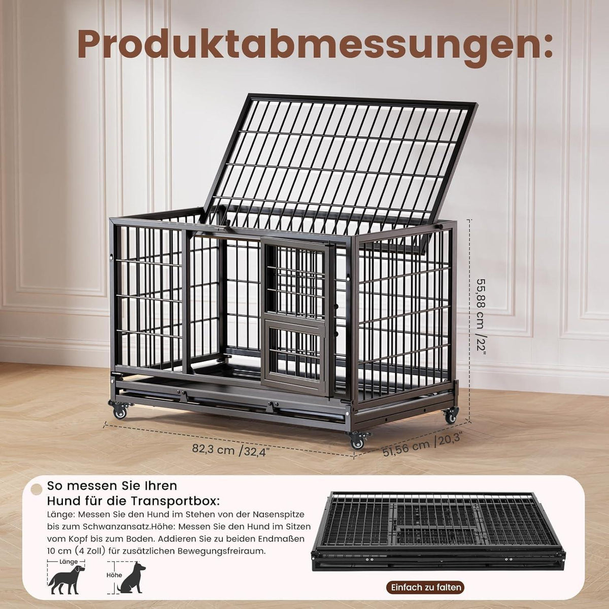 Faltbarer Hundekäfig mit 3 Türen – 82x52x56 cm