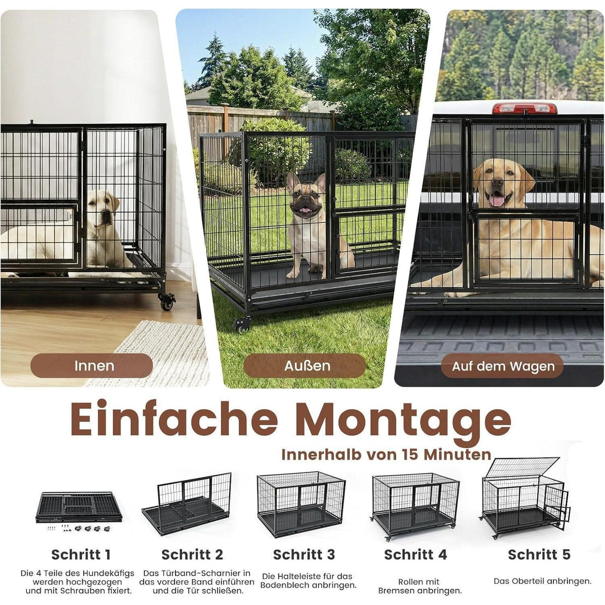 Faltbarer Hundekäfig mit 3 Türen – 82x52x56 cm