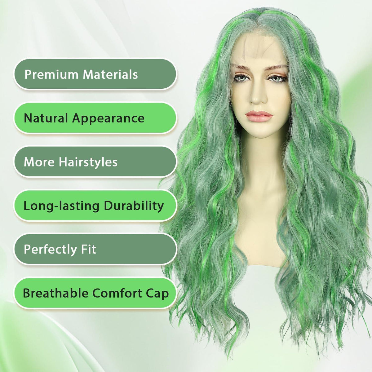 Grüne Wellige Lace Front Perücke – 24 Zoll Synthetik Perücke