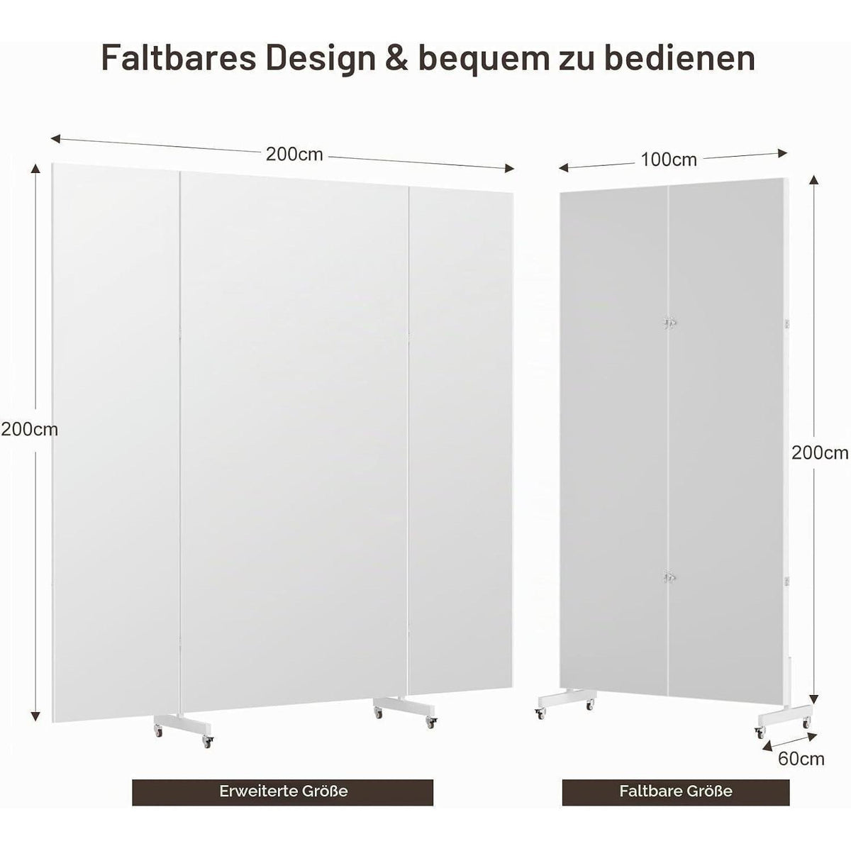 3-Fach Faltbarer Ganzkörperspiegel 200x210cm Schwarz mit Rollen