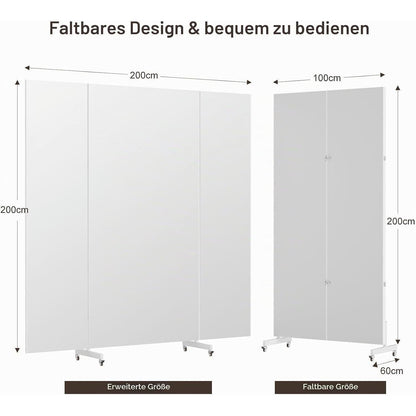 3-Fach Faltbarer Ganzkörperspiegel 200x210cm Schwarz mit Rollen