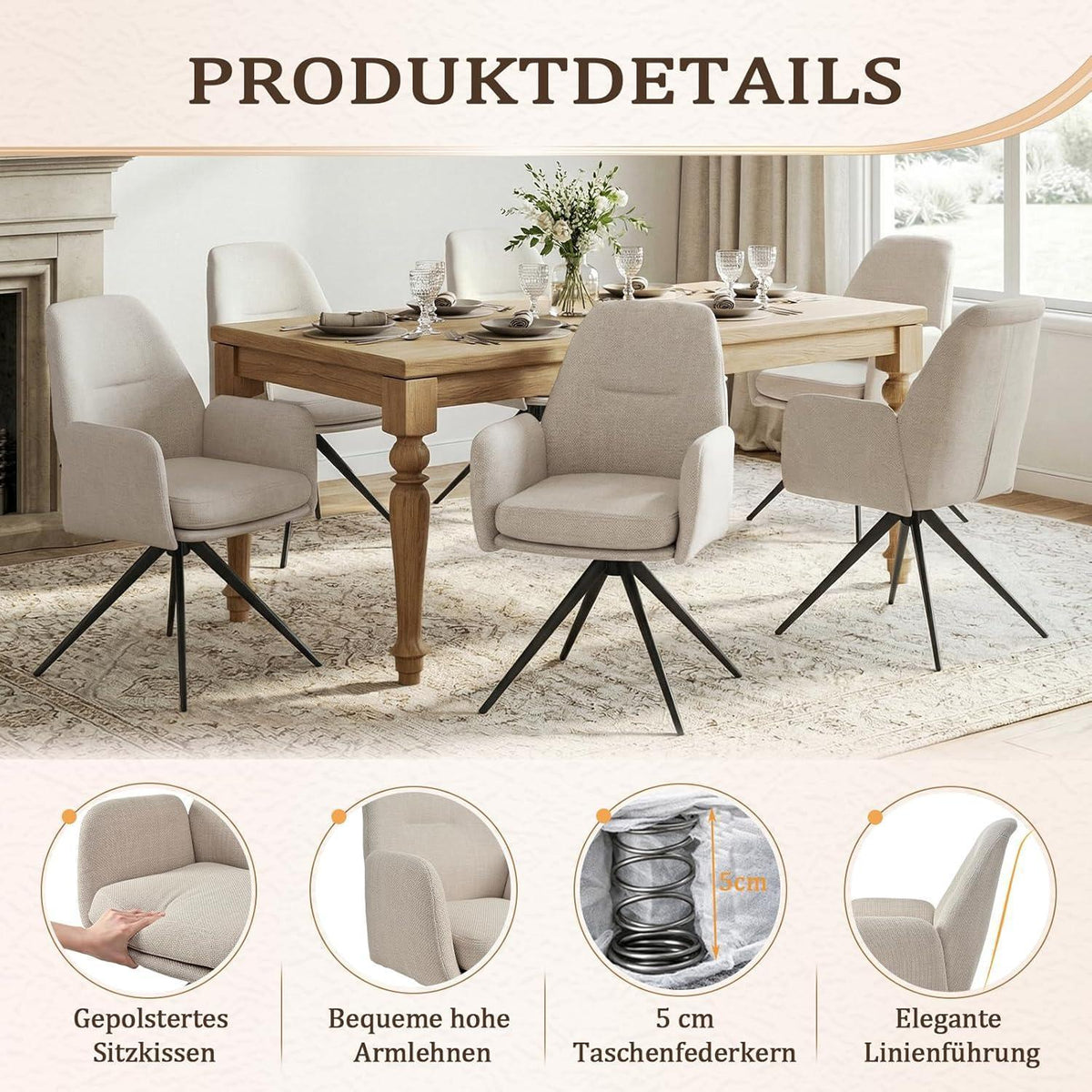Drehbarer Esszimmerstuhl Set 4er – Beige, Gepolstert & Modern