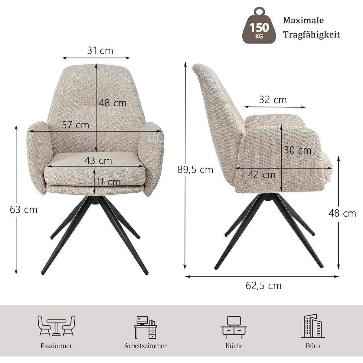 Drehbarer Esszimmerstuhl mit Armlehnen – Beige, 360° & Hochlehnig