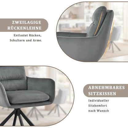 Drehbarer Esszimmerstuhl Set 2x – Hellgrau Samt, 360° Komfort