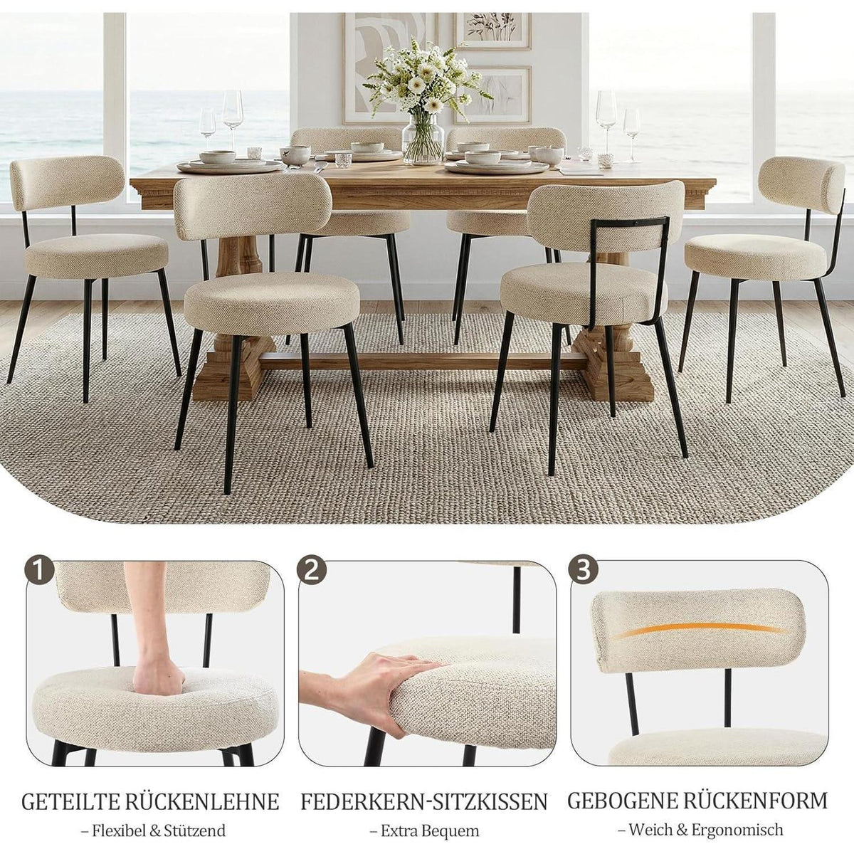 Esszimmerstühle 4er Set Bouclé Beige – Gepolsterte Küchenstühle