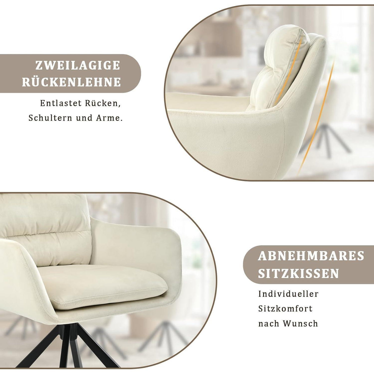 Drehbarer Esszimmerstuhl Set 2er – Cremeweiß, Polster Komfort