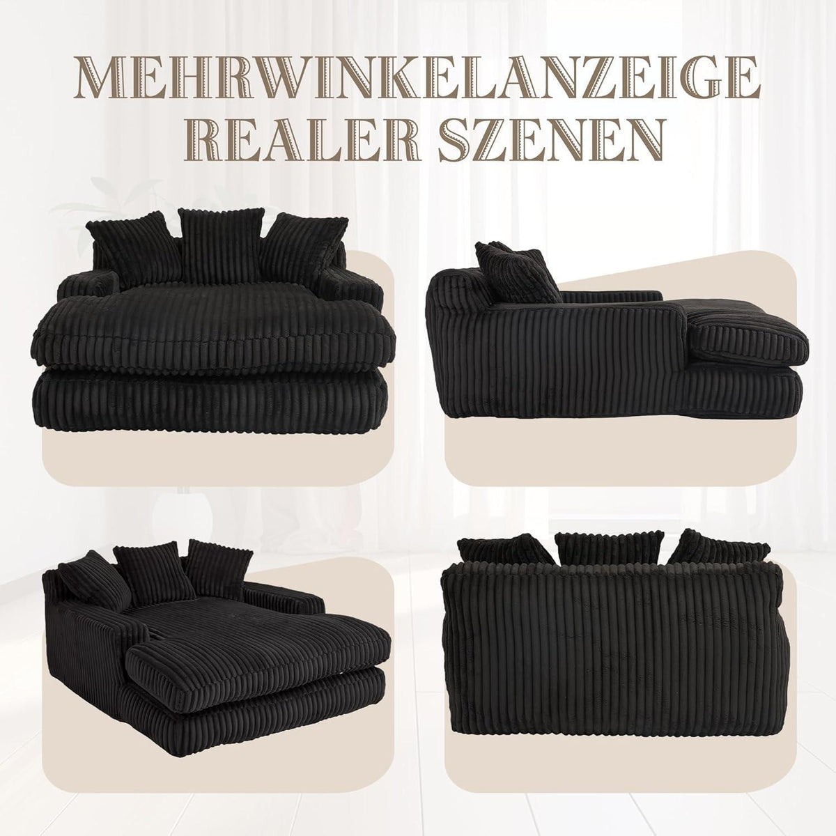 Schwarz Cord Schlafsofa mit Kissen – Komfortabler Entspannungskomfort