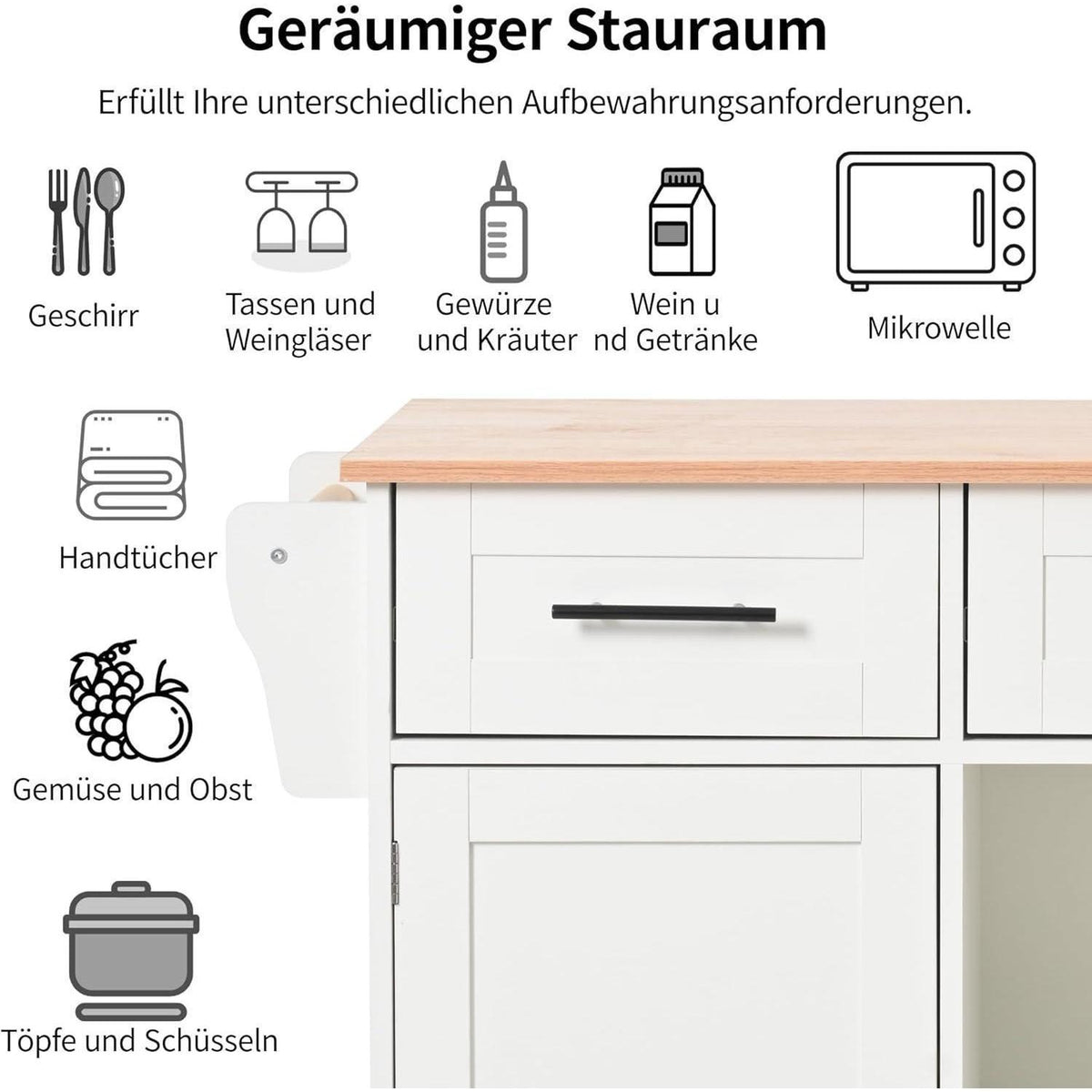 Küchenwagen mit Arbeitsplatte & Rollen – Weißer Servierwagen mit Stauraum