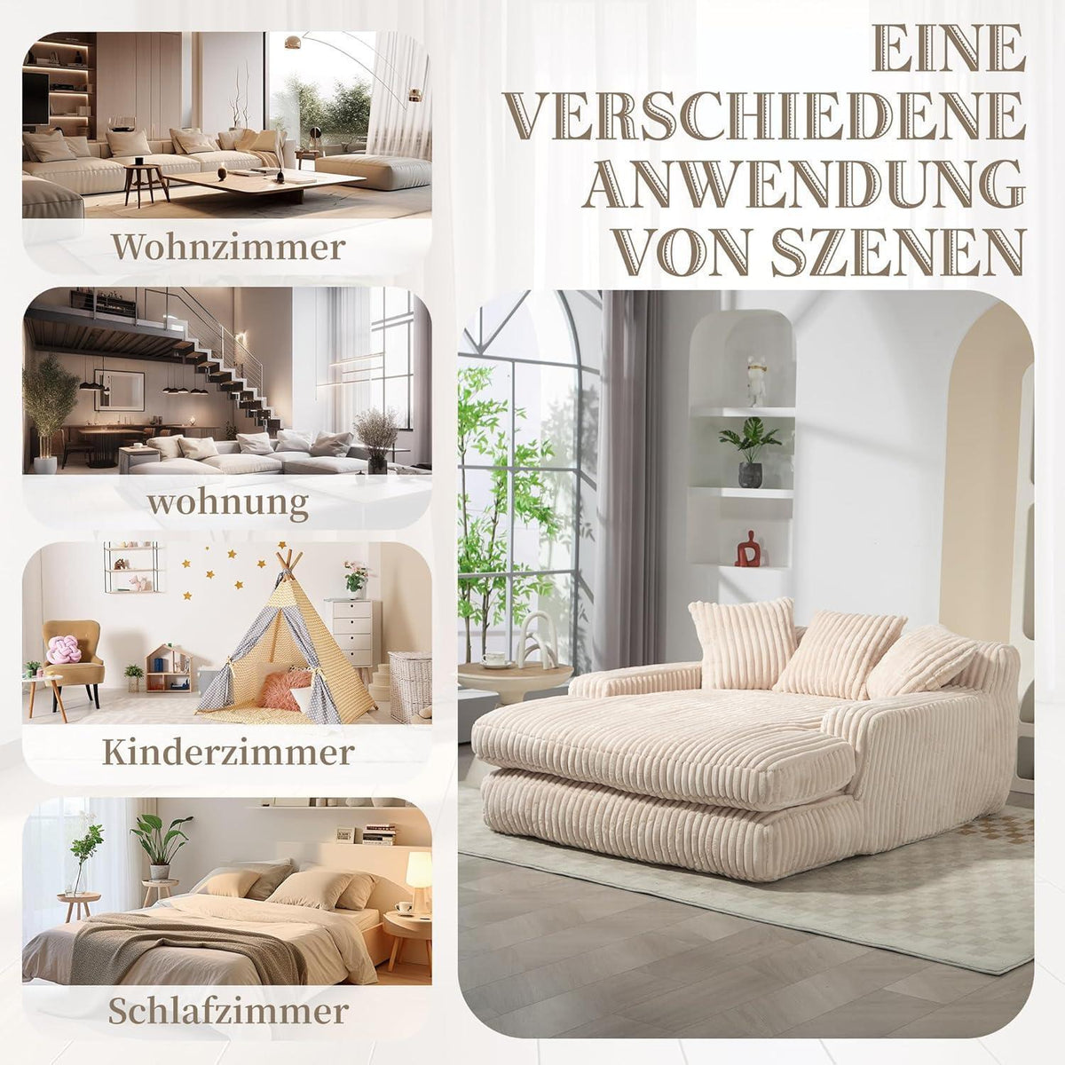 Cloud Sofa: Beiges Cord Schlafsofa mit 3 Kissen & hoher Tragkraft
