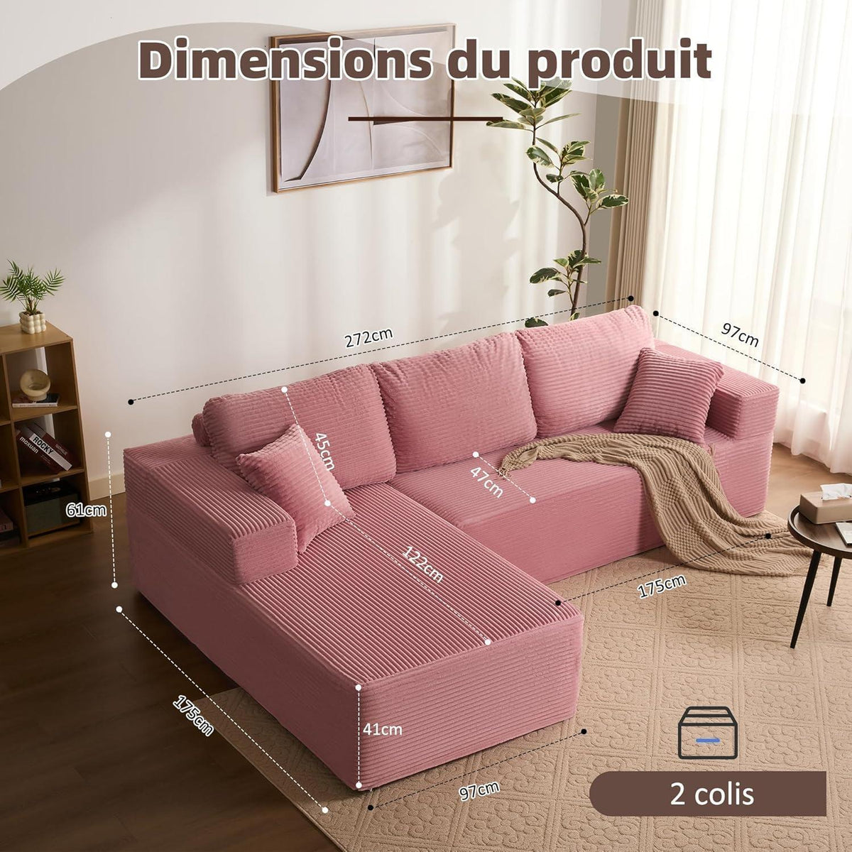 Modulares L-Ecksofa mit Schlaffunktion & Recamiere links Rosa