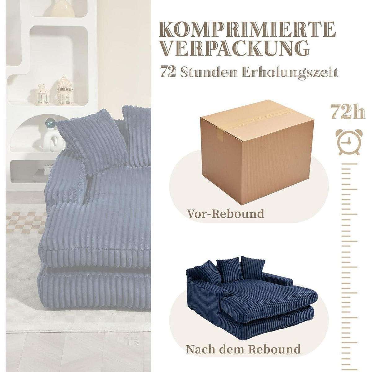 Cloud Sofa: Marineblaues Cord Schlafsofa mit 3 Kissen