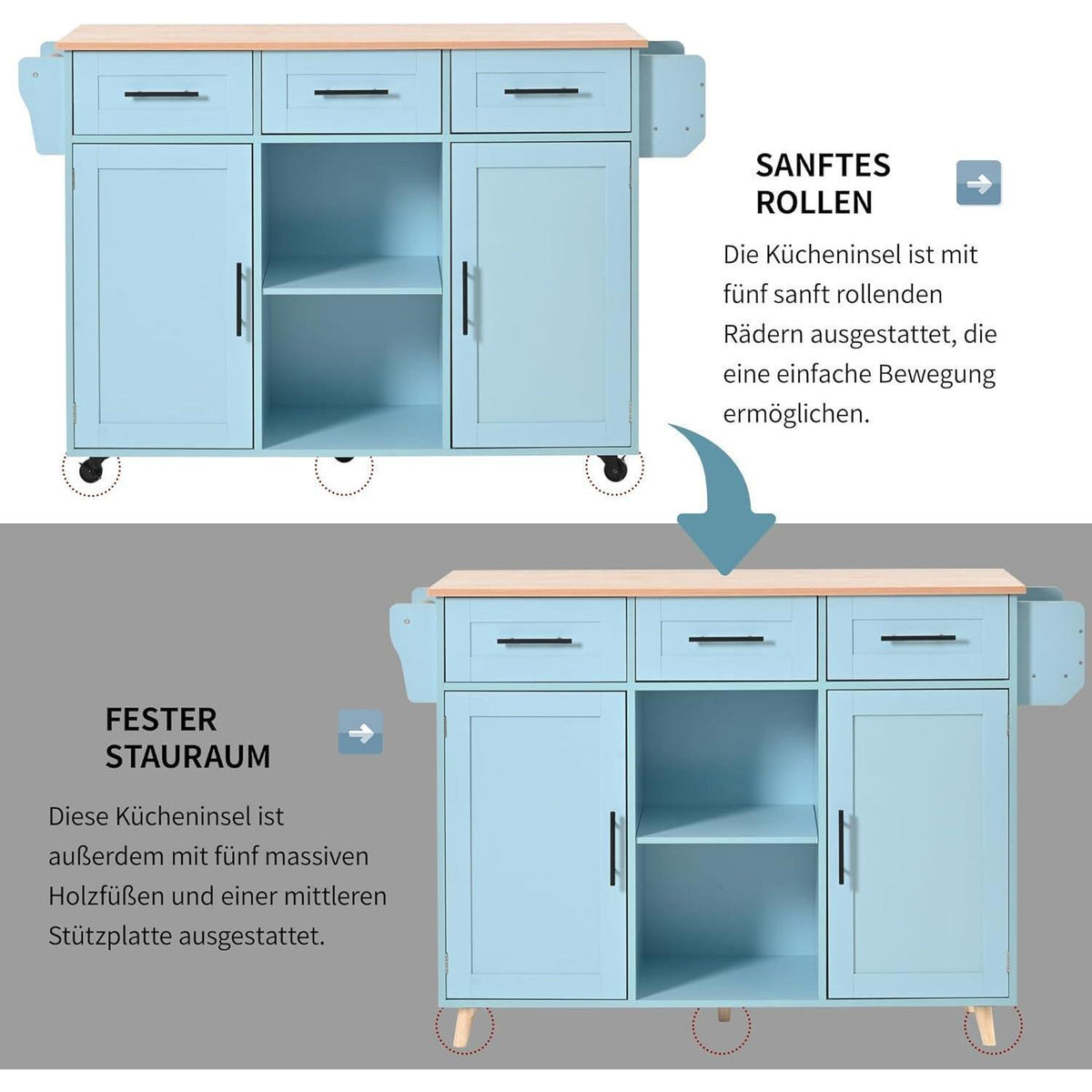 Küchenwagen mit Arbeitsplatte & Rollen – Blau