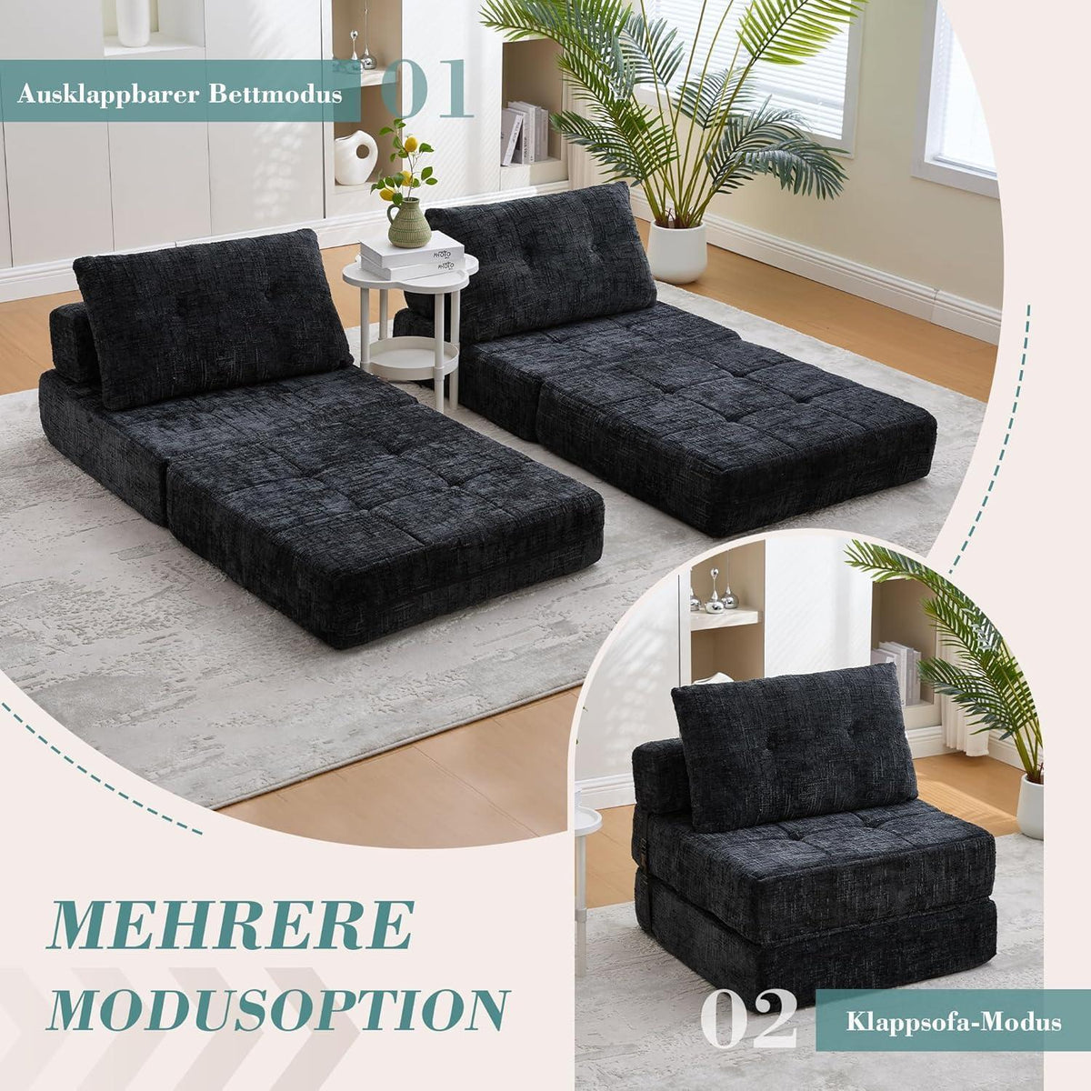 Klappbares Schlafsofa mit Kissen | Boneless Couch Schwarz