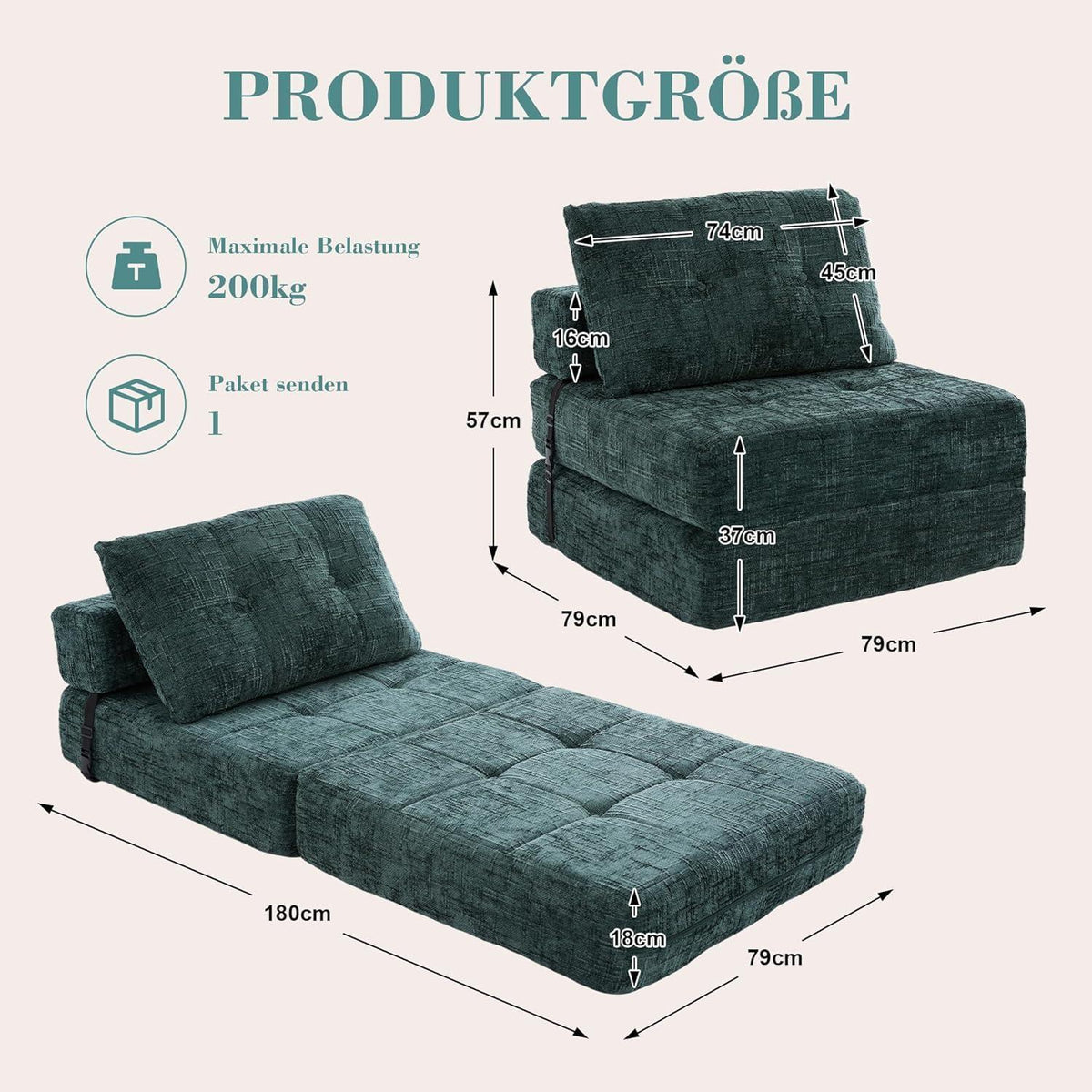Klappbares Schlafsofa Smaragd – Komfortables Boneless Sofa ohne Montage