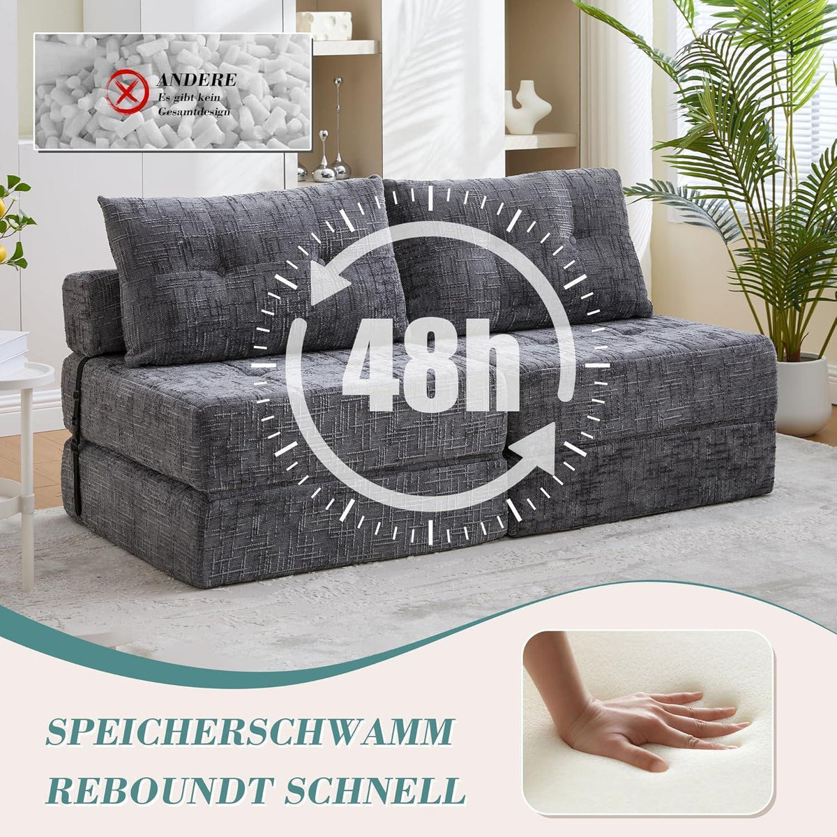 Klappbares Schlafsofa mit Kissen – Grau, Komfort & Platzsparend