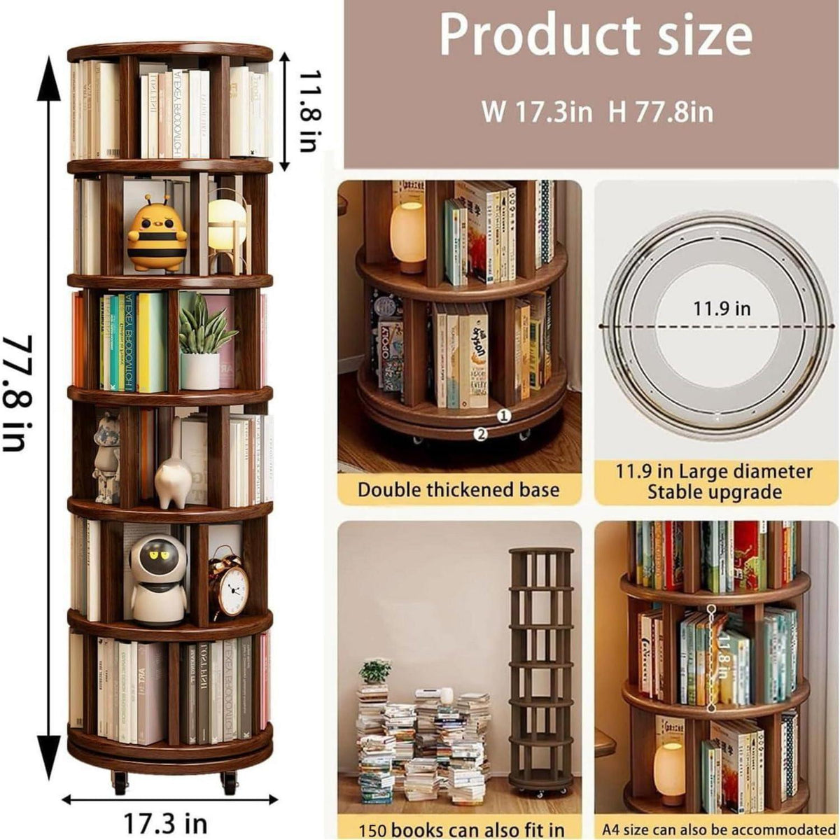 Drehbares Bücherregal Holz 360° Kinderzimmer Regal mit Rollen