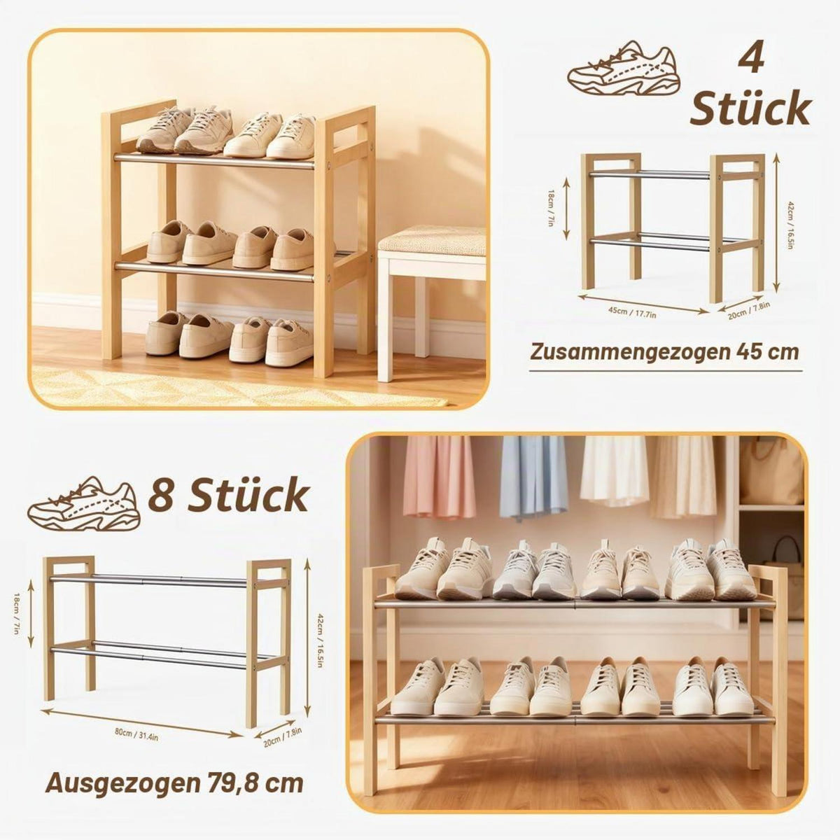 Holz Schuhregal Eiche 2-stöckig, Erweiterbar & Platzsparend