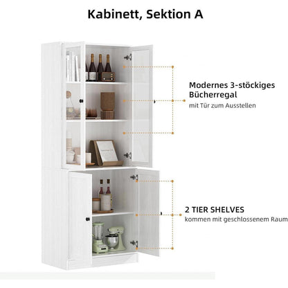 5-stöckiges Bücherregal mit Glastüren – Weißes Vitrinenschrank 180cm