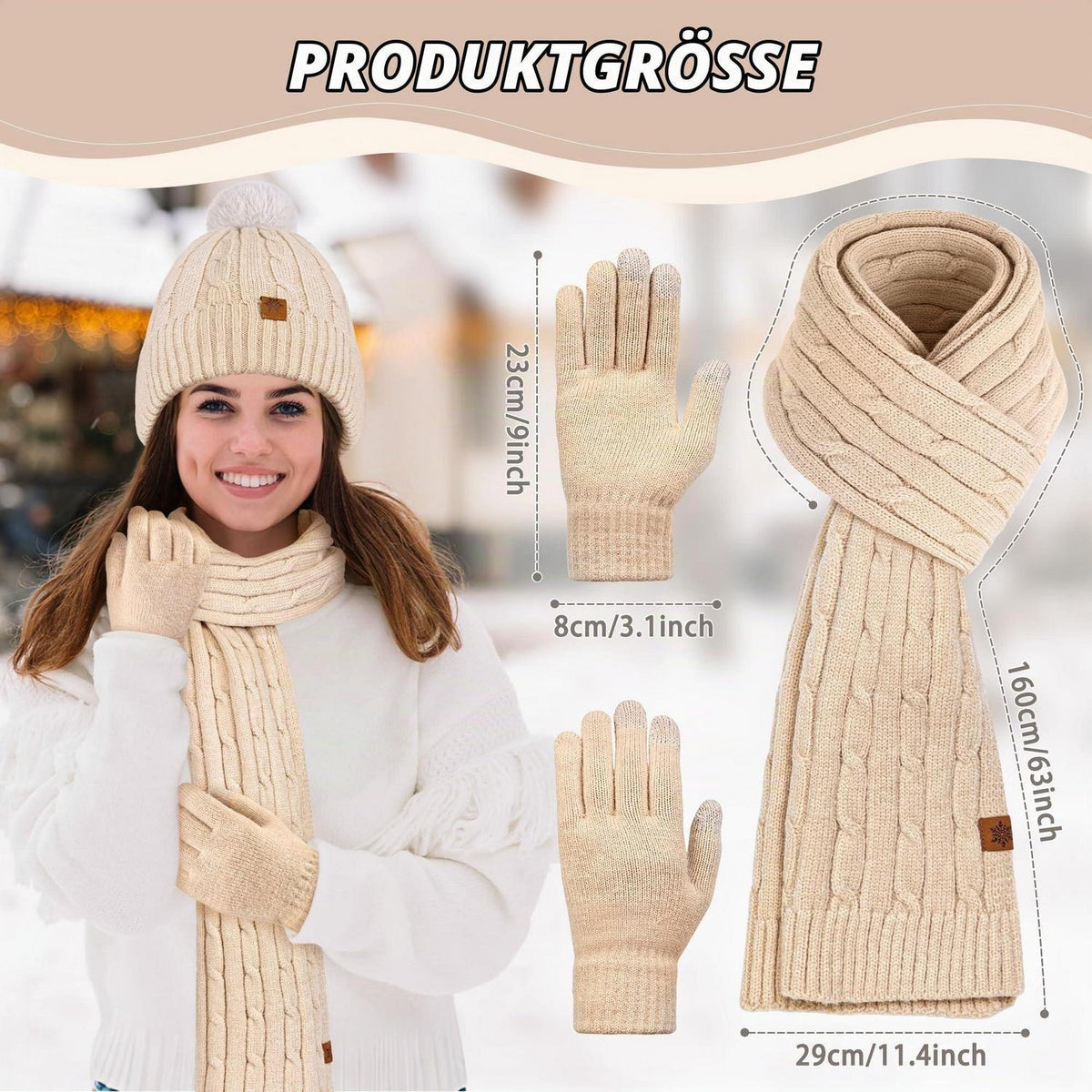 Damen Winterset Mütze, Schal & Handschuhe mit Touchscreen