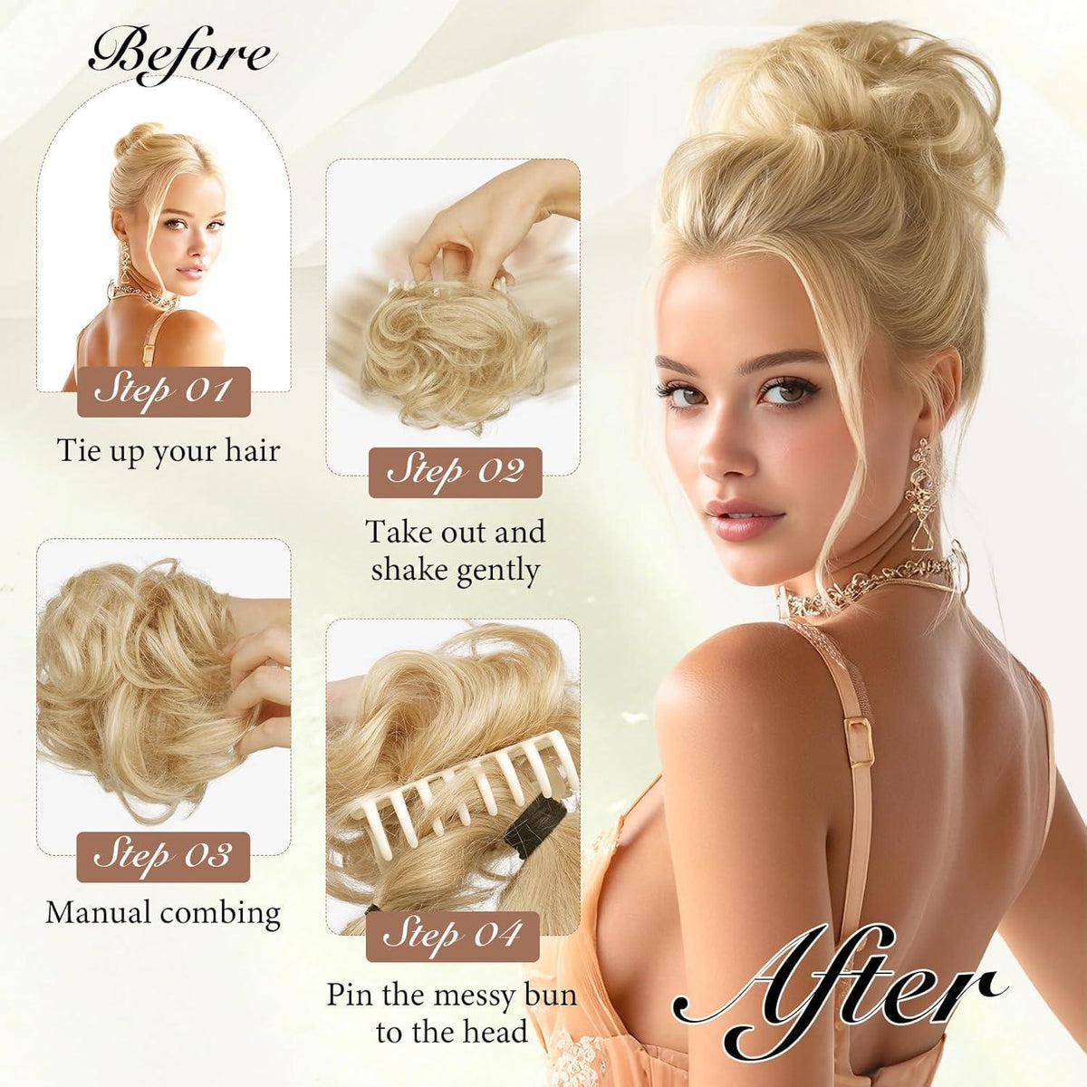 Echthaar Dutt Clip-in – Hellbraun mit Beige-Blonden Strähnchen