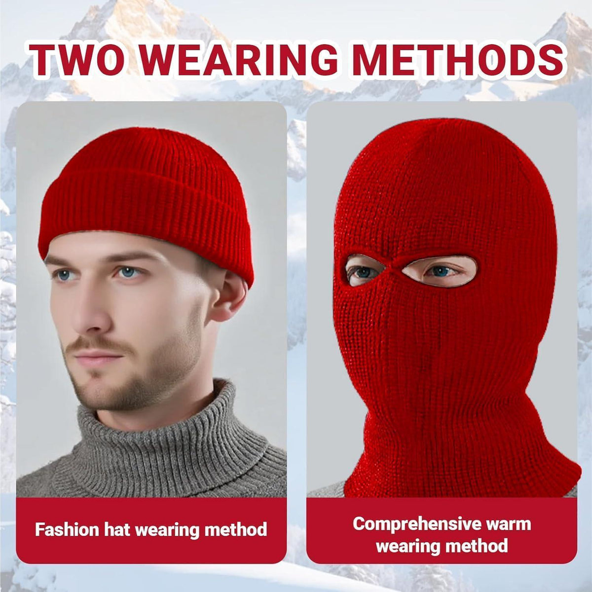 Rote Strick Ski-Maske mit 2 Löchern – Warm & Winddicht