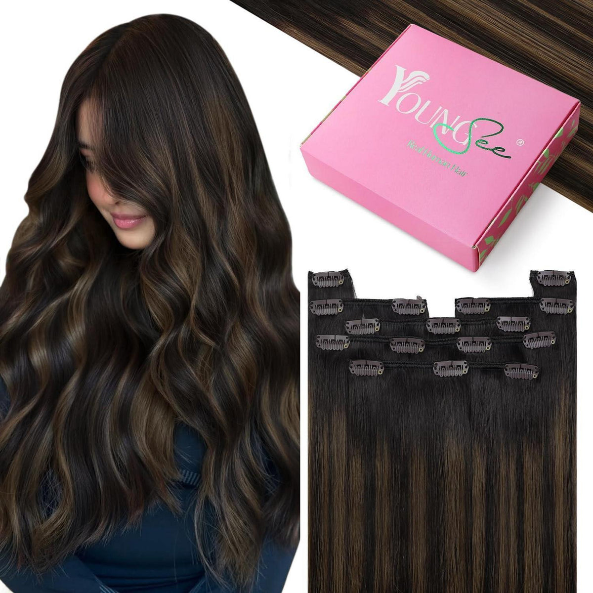 Echthaar Clip-in Extensions Ombre Braun 50cm