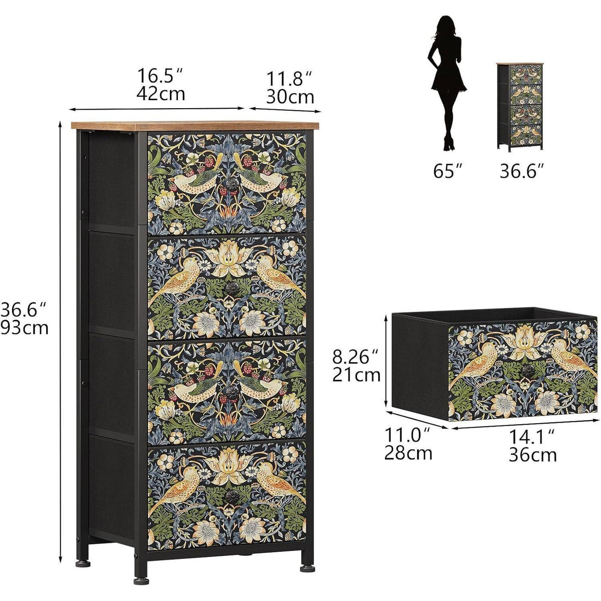 Kommode mit 4 Stoffschubladen – Erdbeer Blumenmuster