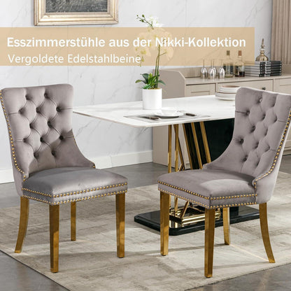 8x Samt Esszimmerstühle mit goldenen Beinen & Nieten