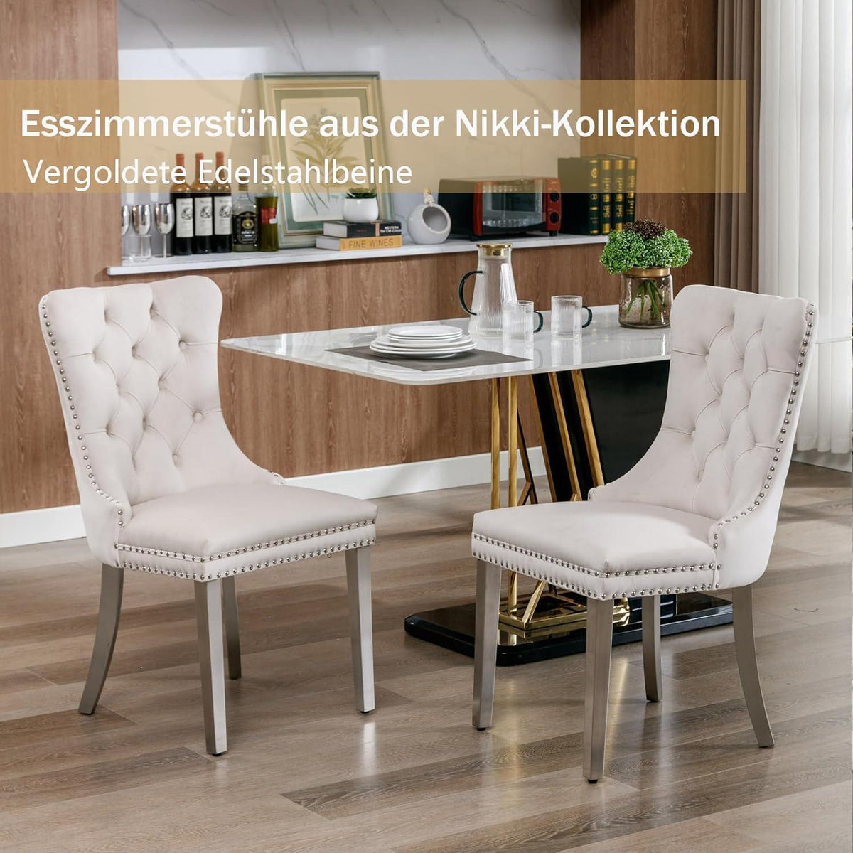 8x Samt Esszimmerstühle mit Edelstahlbeinen – Beige