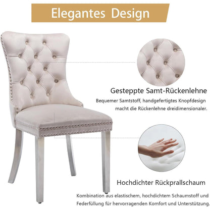 8x Samt Esszimmerstühle mit Edelstahlbeinen – Beige