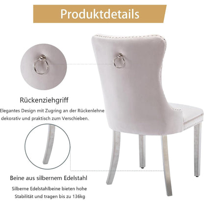 8x Samt Esszimmerstühle mit Edelstahlbeinen – Beige