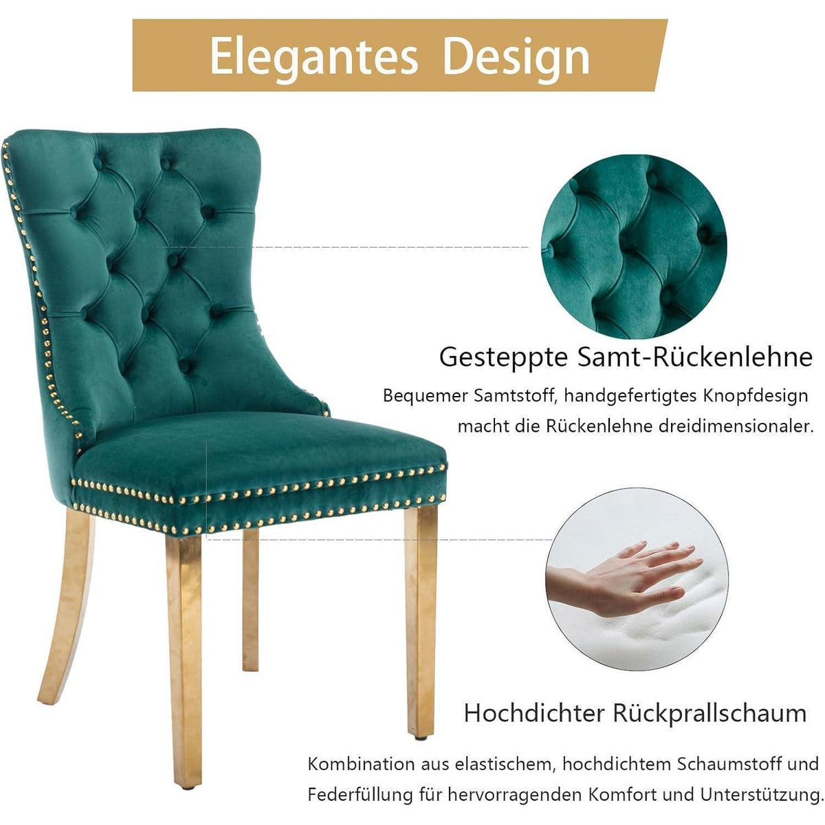 Samt Esszimmerstühle 2er Set mit goldenen Beinen