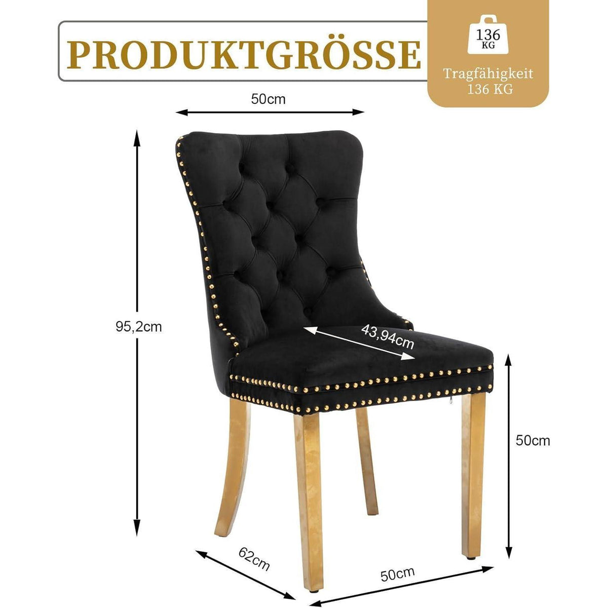 8x Samt Esszimmerstühle mit goldenen Beinen & Nieten