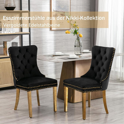 8x Samt Esszimmerstühle mit goldenen Beinen & Nieten